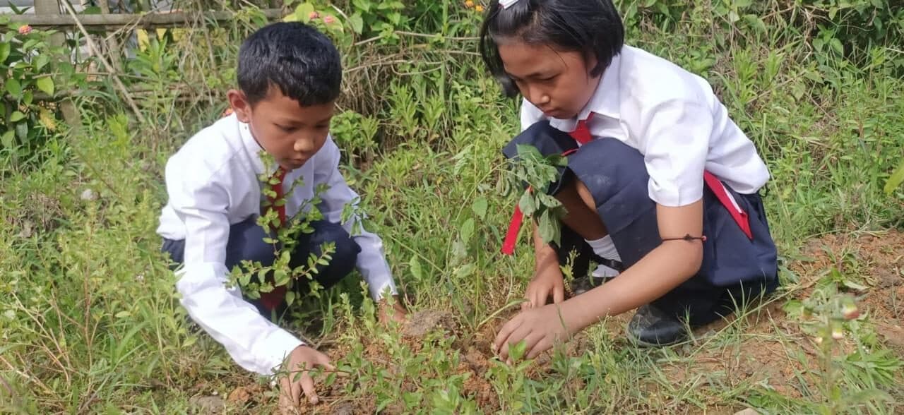 A schoolboy and schoolgirl settling a young sapling into the soil